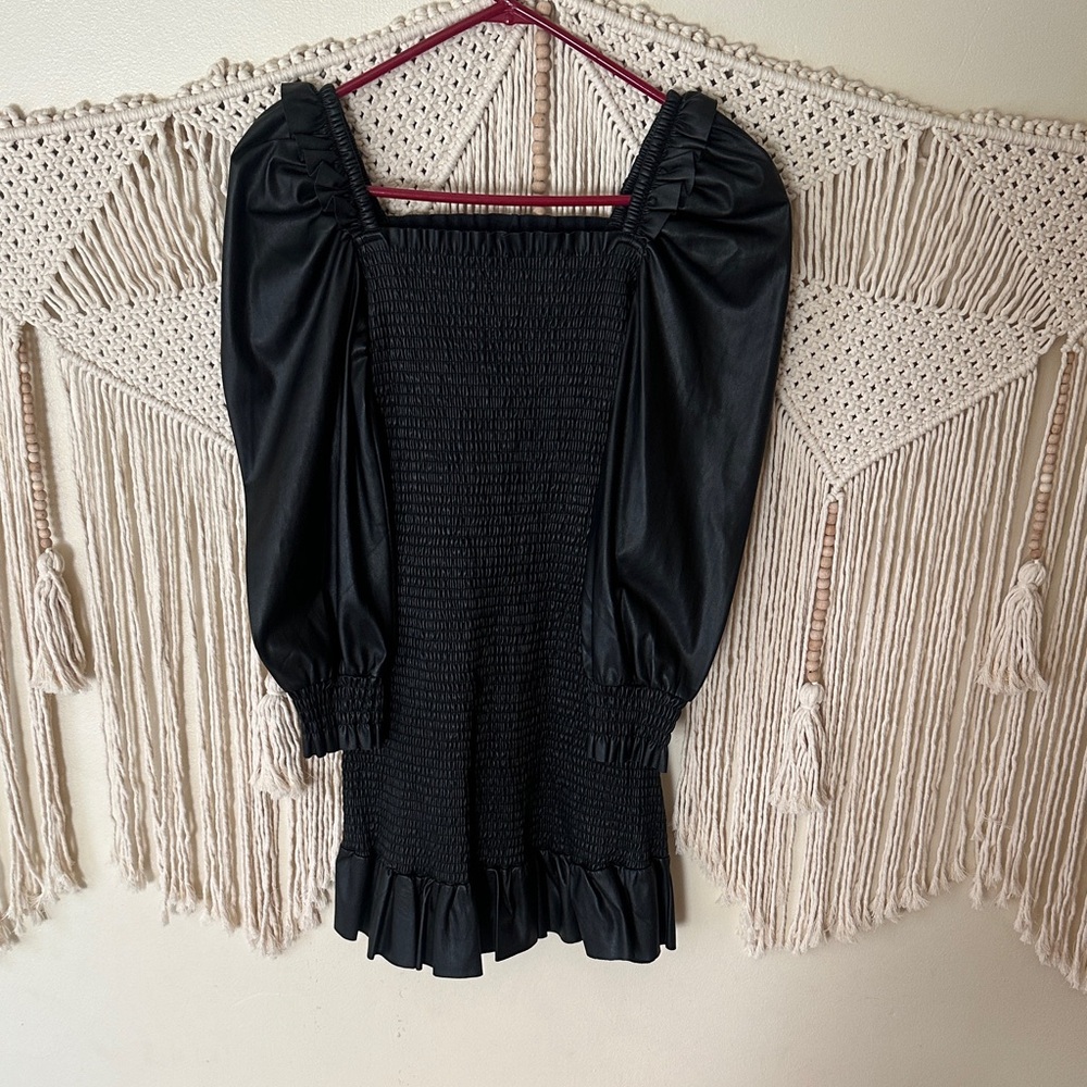 7 For All Mankind Black Puff-Sleeve Smocked Mini Dress